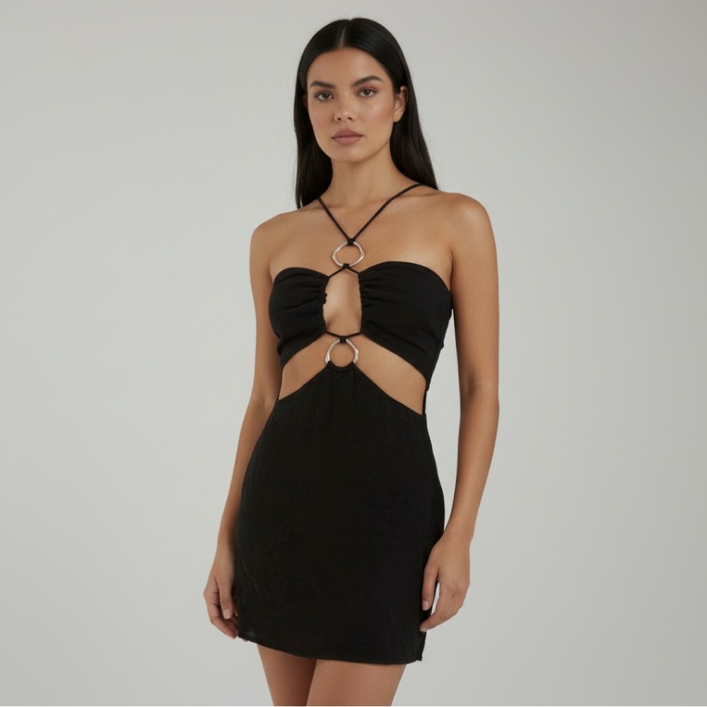 NWT REVOLVE x RUMER Amoura LS Mini Dress Black Cutout Ring Detail Size S
